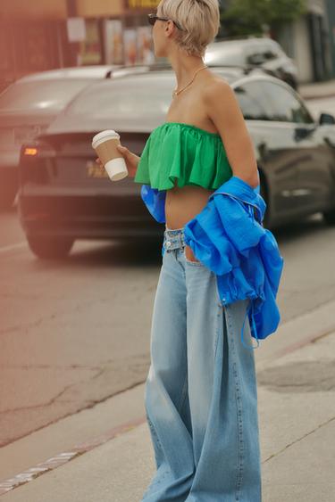 RUFFLED TAFFETA BANDEAU TOP - Green by Zara - Image 3