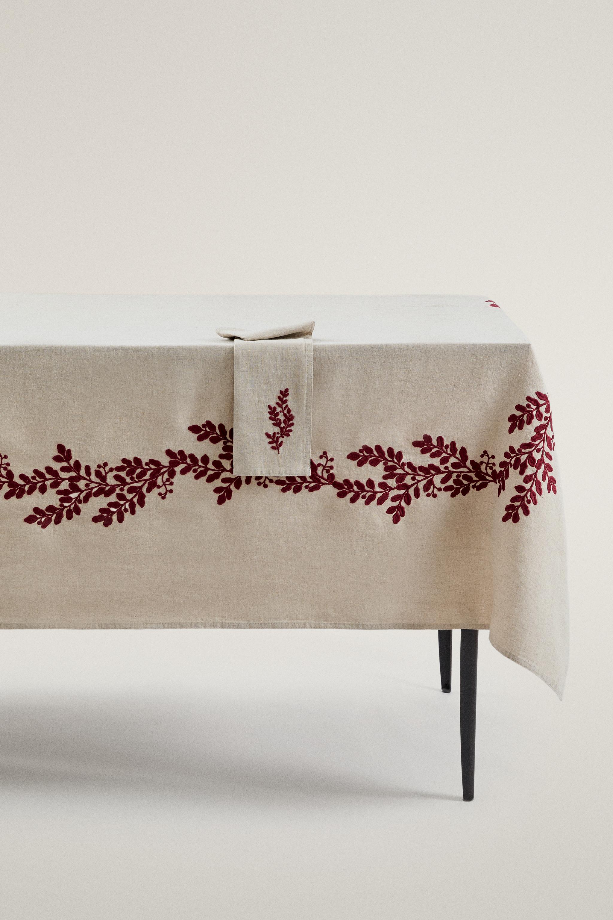 CHRISTMAS EMBROIDERED LINEN TABLECLOTH