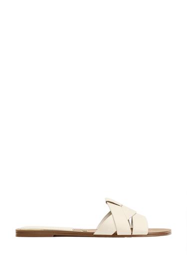 SANDALES PLATES EN CUIR - Blanc de Zara