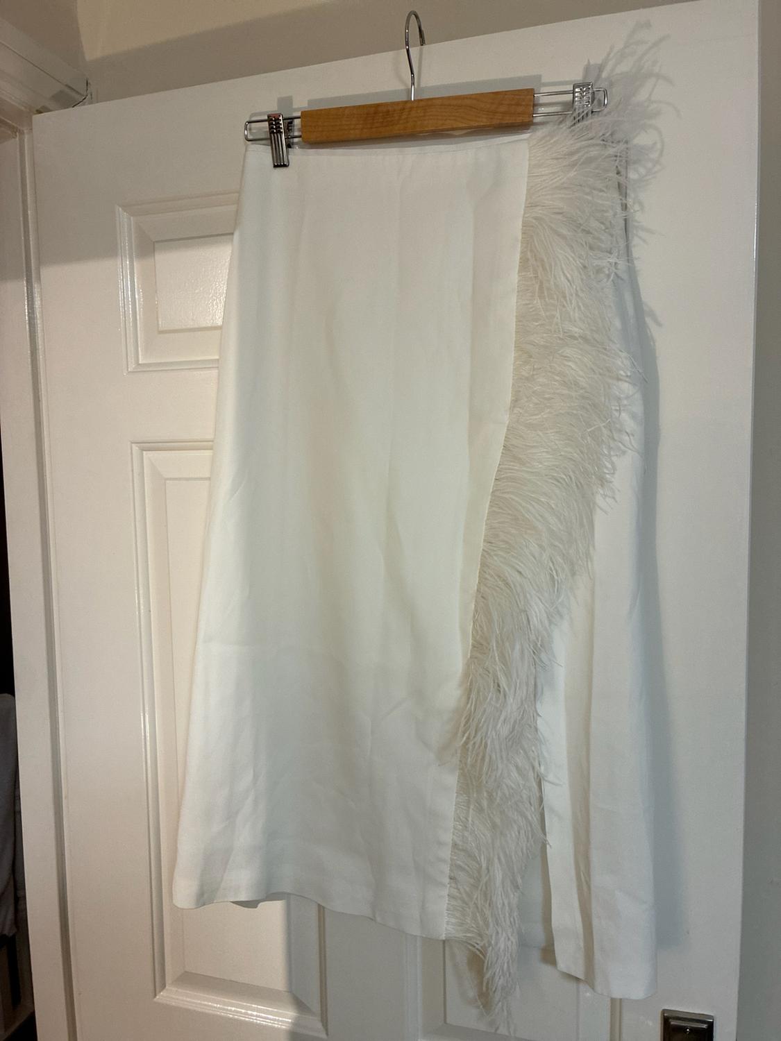 White skirt hanging on a hanger on a white door. It stands out for its white feather detail along the side.