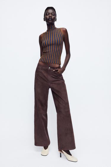 PANTALÓN PIEL ANTE 100% ZW COLLECTION - Berenjena de Zara