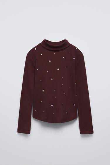 Zara RIB RHINESTONE TURTLENECK TOP - Maroon