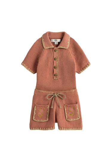 Zara LIMITED EDITION EMBROIDERED CROSS-STITCH FLORAL KNIT JUMPSUIT - Brick