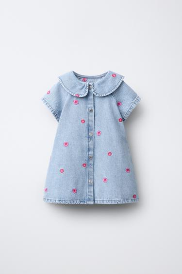 DENIM DRESS WITH EMBROIDERED FLOWERS - Blue by Zara