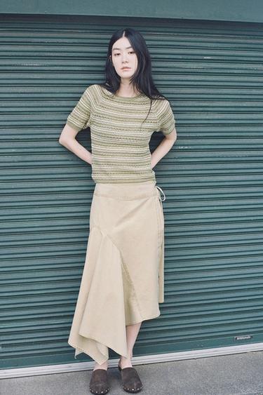 ストライプテクスチャニットショートスリーブセーターグリーン/エクリュZaraのストライプテクスチャニットショートスリーブセーター - グリーン/エクリュ