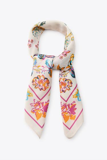 Zara FLORAL PRINT SATIN SCARF - Ecru