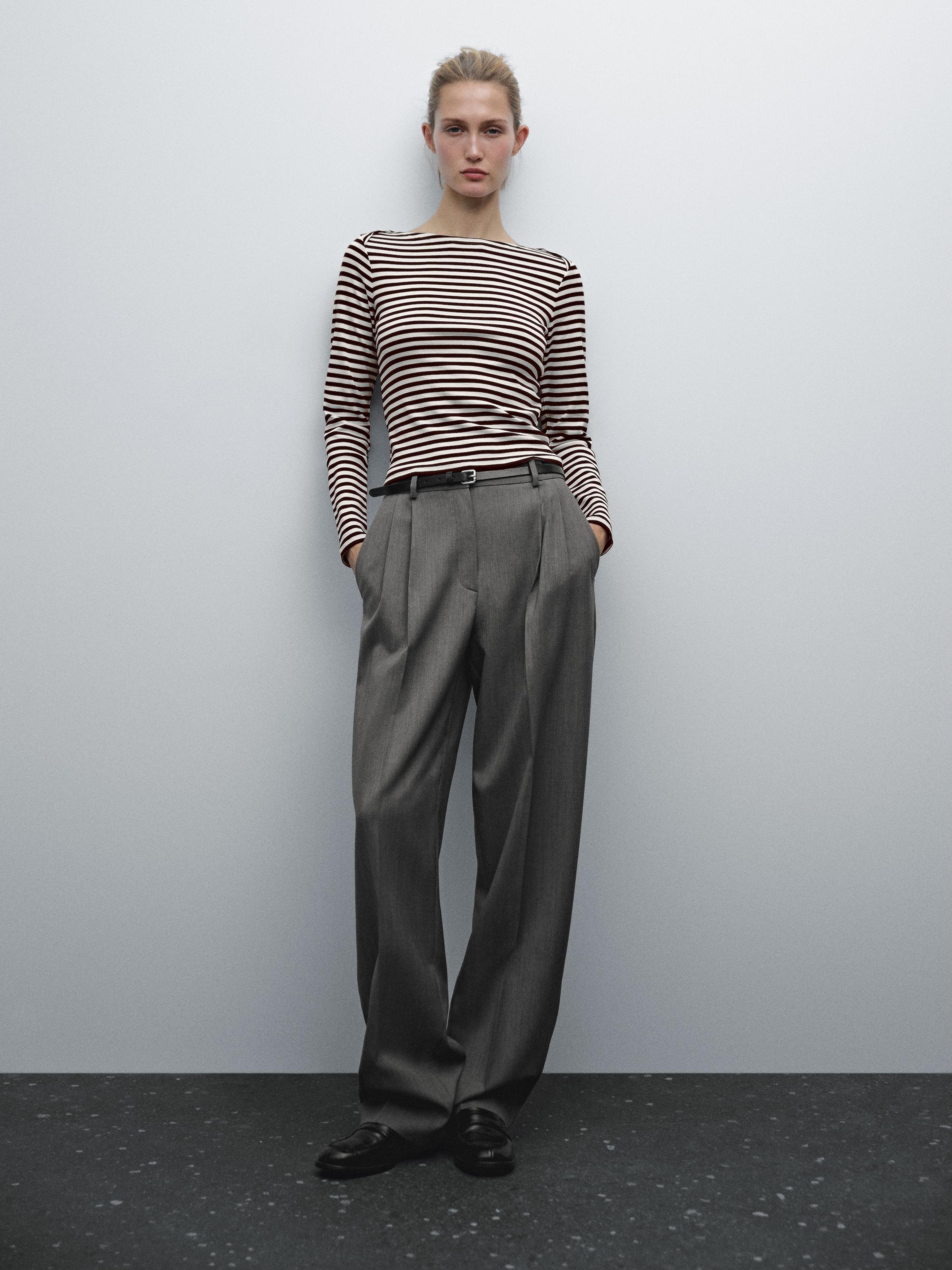 Striped T-shirt with crossover shoulder detail - Brown | ZARA United States
