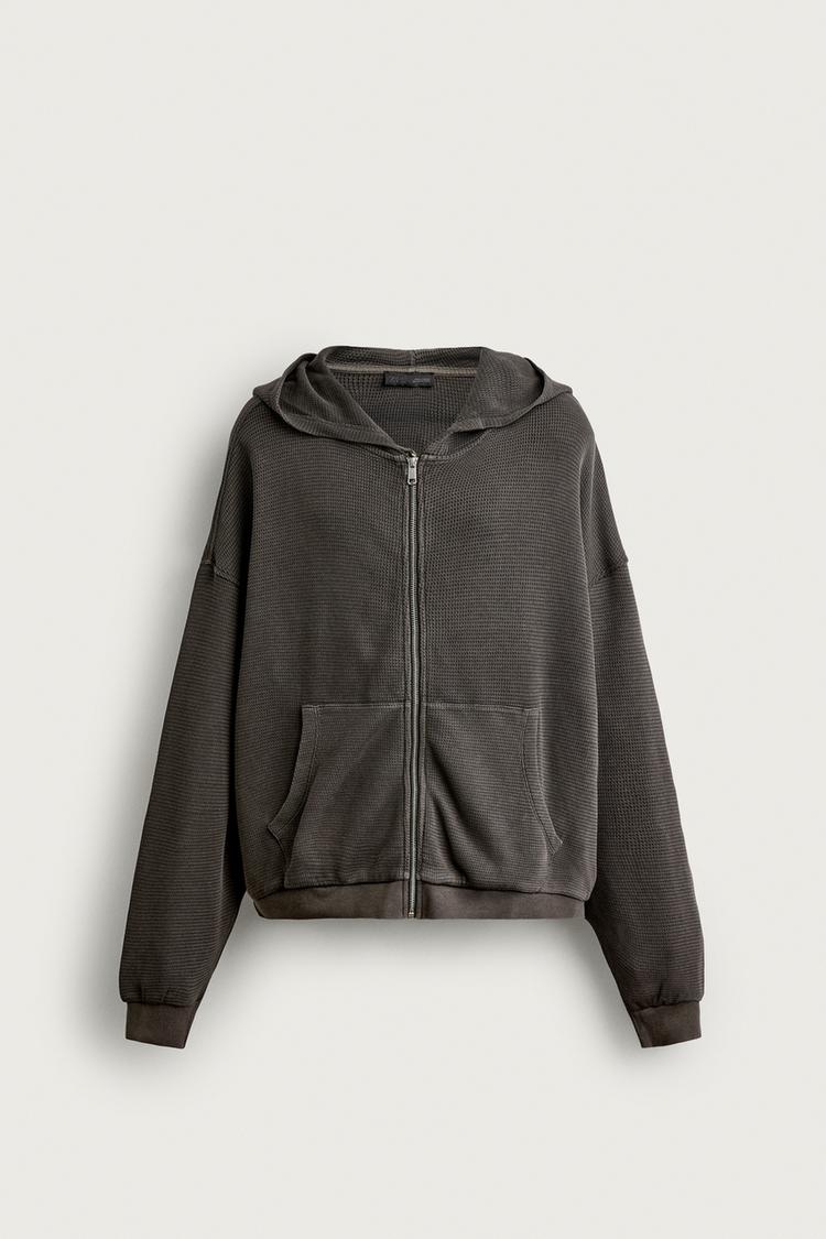 WAFFLE TEXTURE HOODIE TRACK JACKET — Gray
