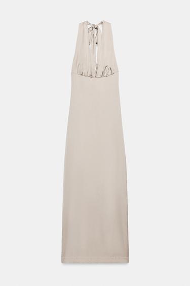 Zara SATIN HALTER MAXI DRESS - Dark beige