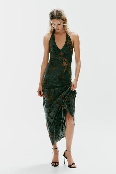 VESTIDO LARGO HALTER FLOCADO - Petróleo de Zara