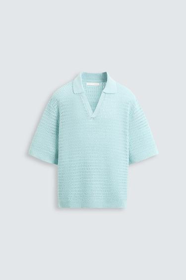 CROCHET KNIT POLO SHIRT - Light blue by Zara