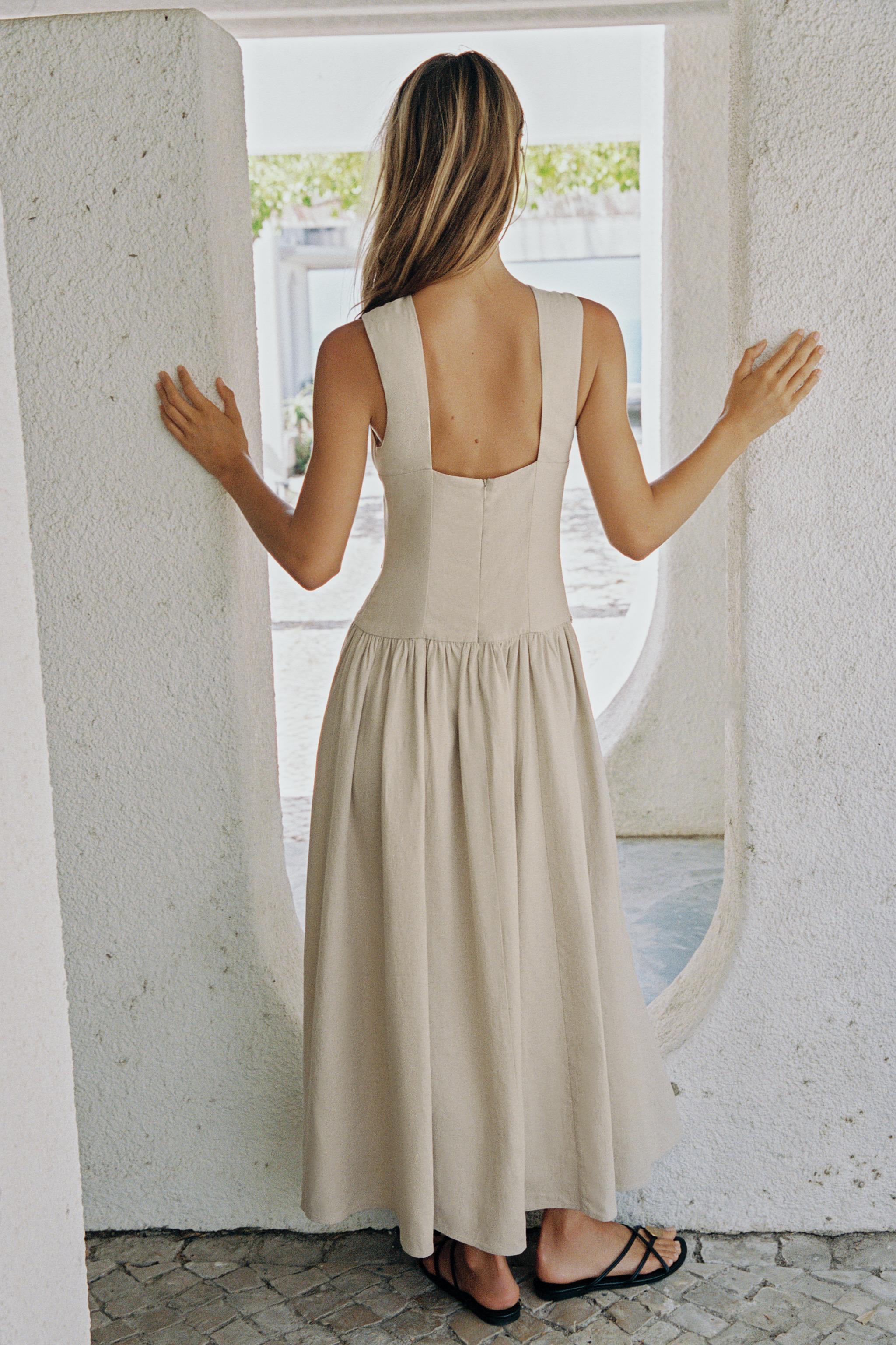 LINEN COMBINATION MIDI DRESS