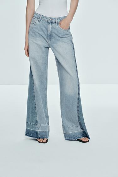 Zara Z1975 系列中腰對比拼接寬管牛仔褲 - 淡藍色