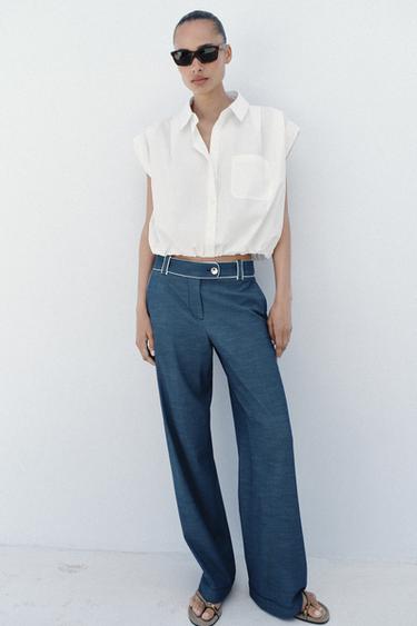 Zara CONTRASTING PIPING WIDE LEG PANTS - Blue