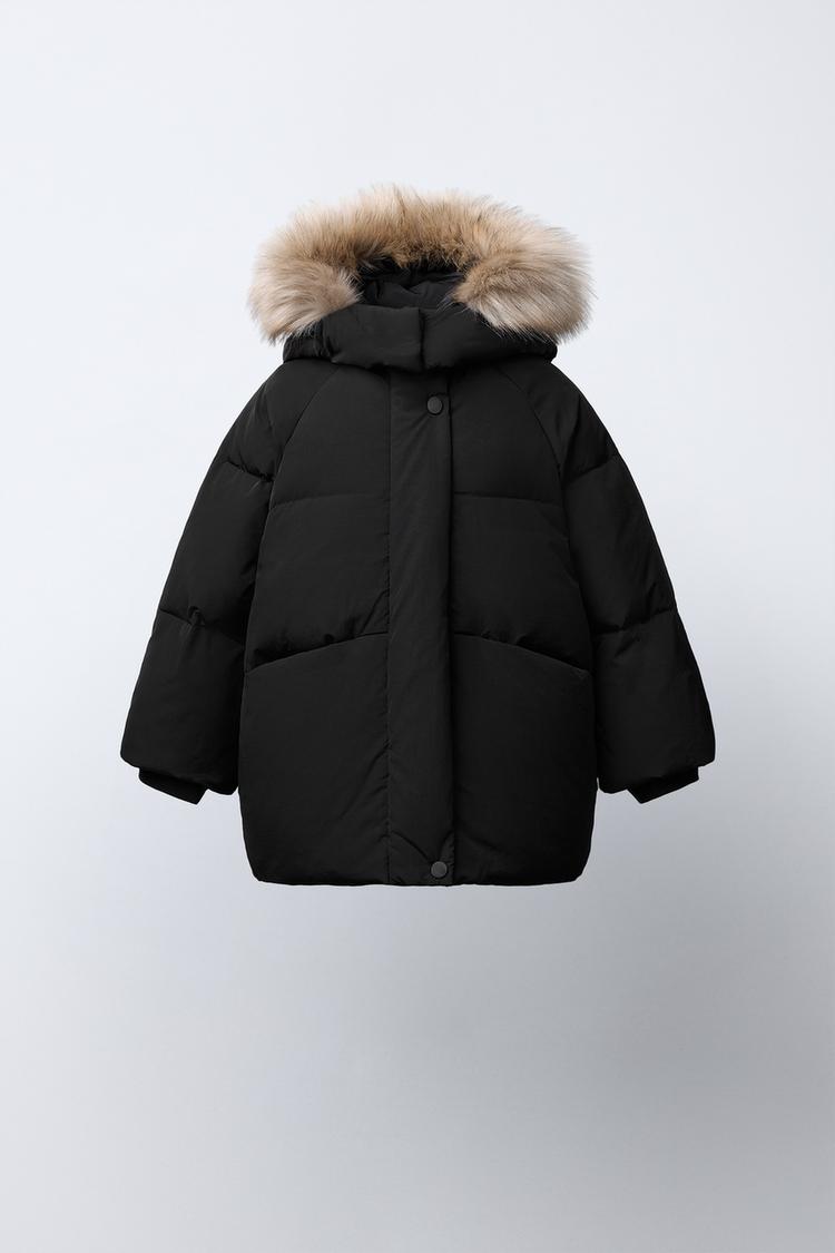 WATER-REPELLENT FEATHER DOWN PUFFER JACKET WITH DETACHABLE FAUX