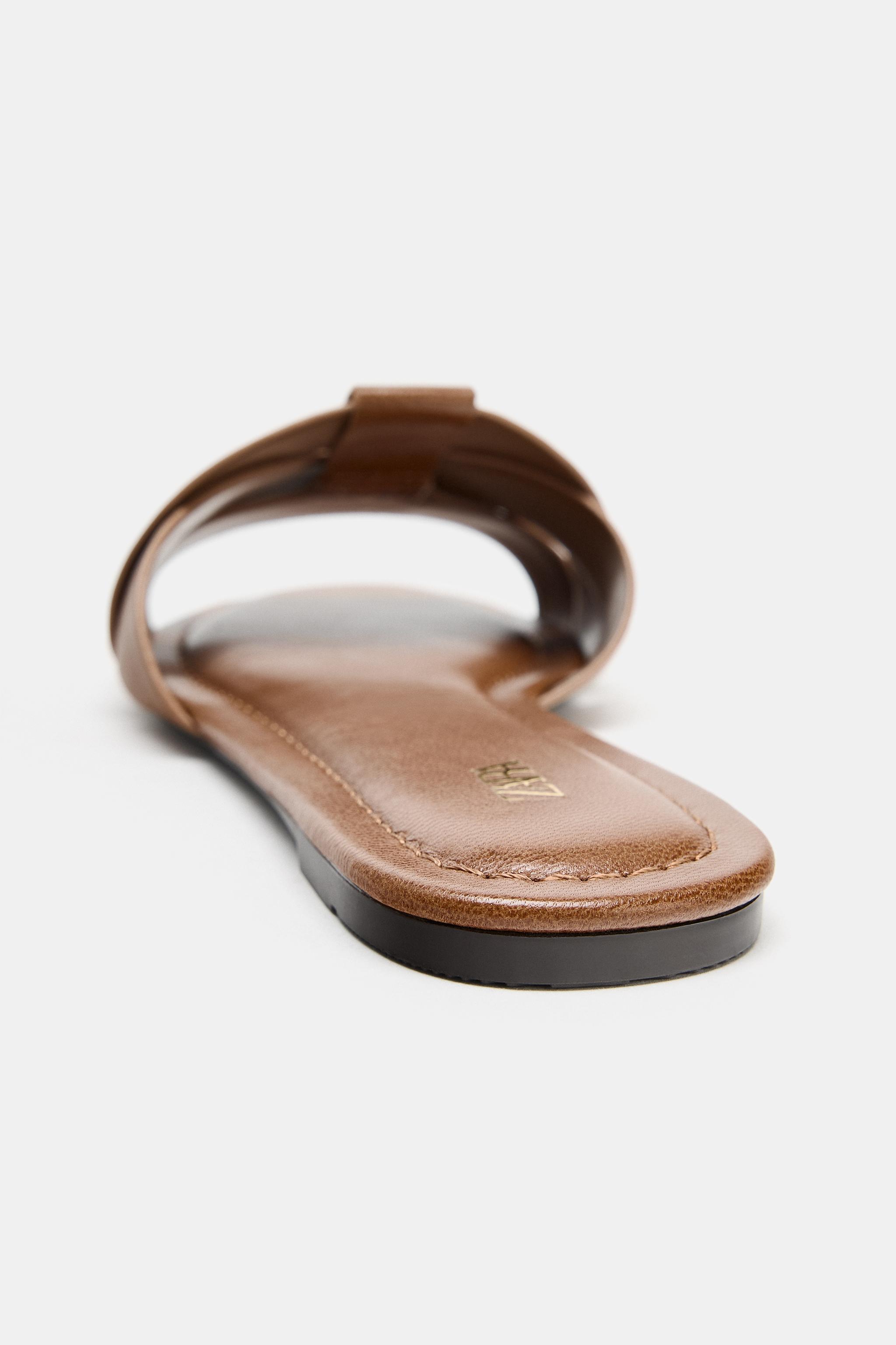 Женские сандалии Zara CROSSED FLAT LEATHER SANDALS — фото 5