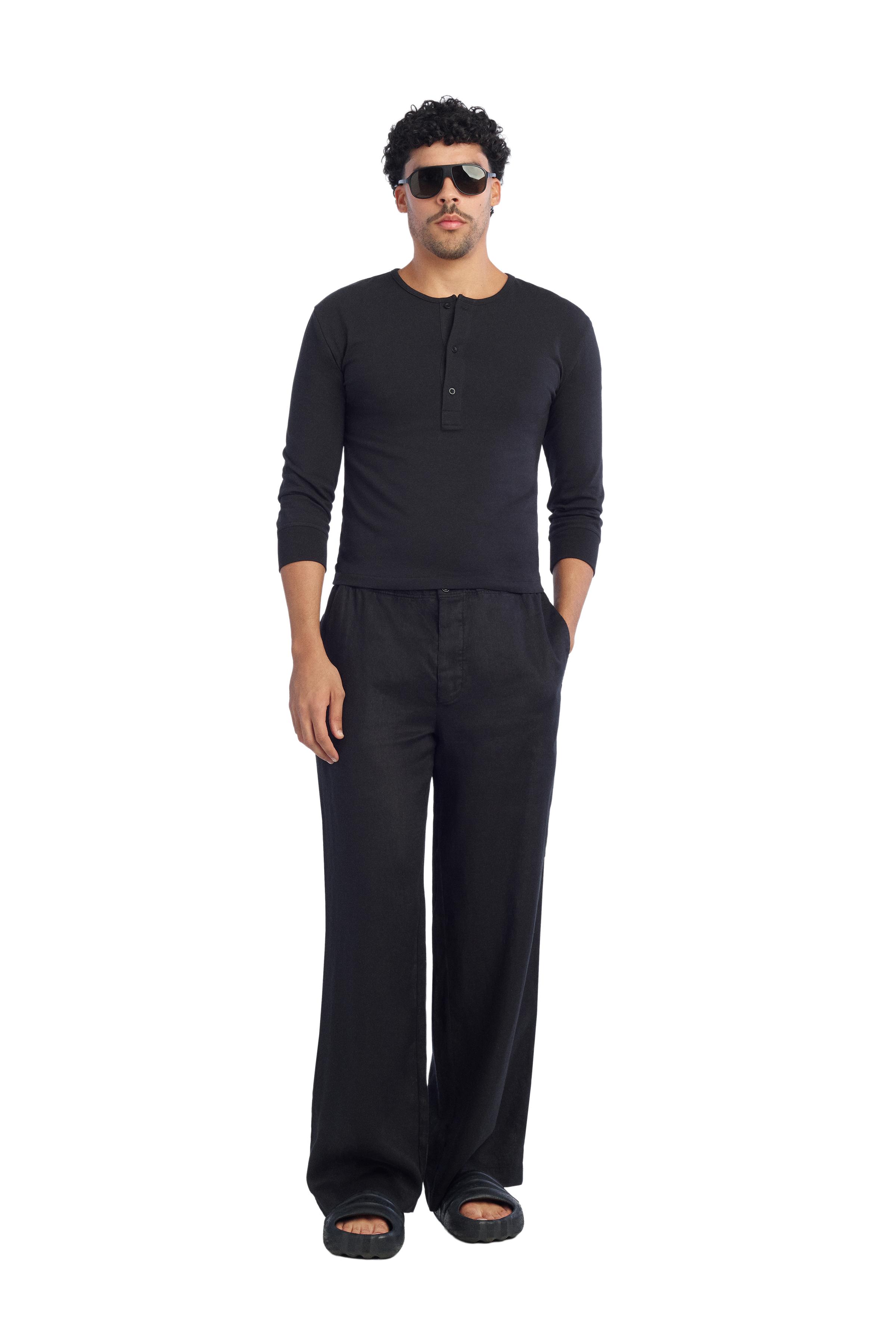 100% LINEN RELAXED FIT PANTS — Black