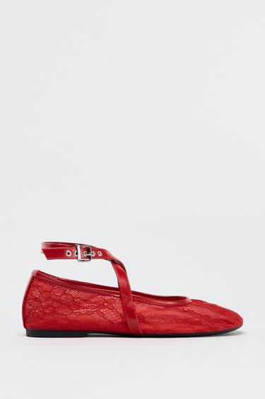 LACE BALLERINAS WITH DOUBLE STRAP - Red by Zara