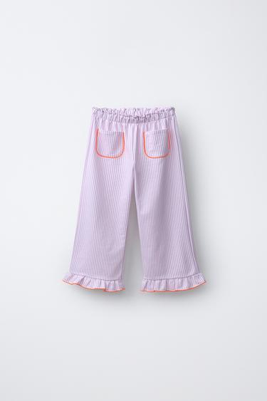 JUPE-CULOTTE À RAYURES, VOLANT ET PICOTS CONTRASTÉS - Mauve clair de Zara