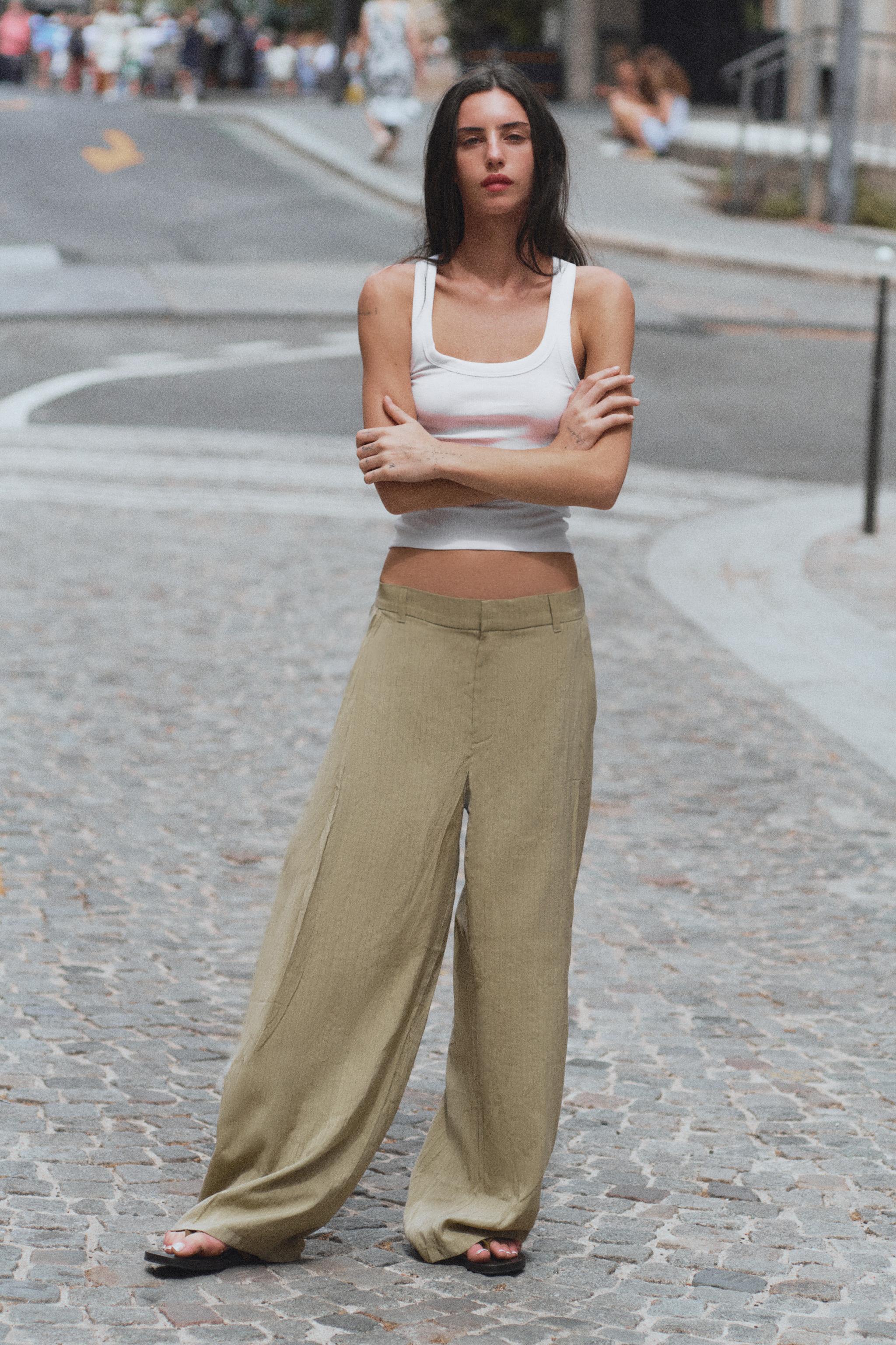FLOWY PLEATED PANTS — Gray green