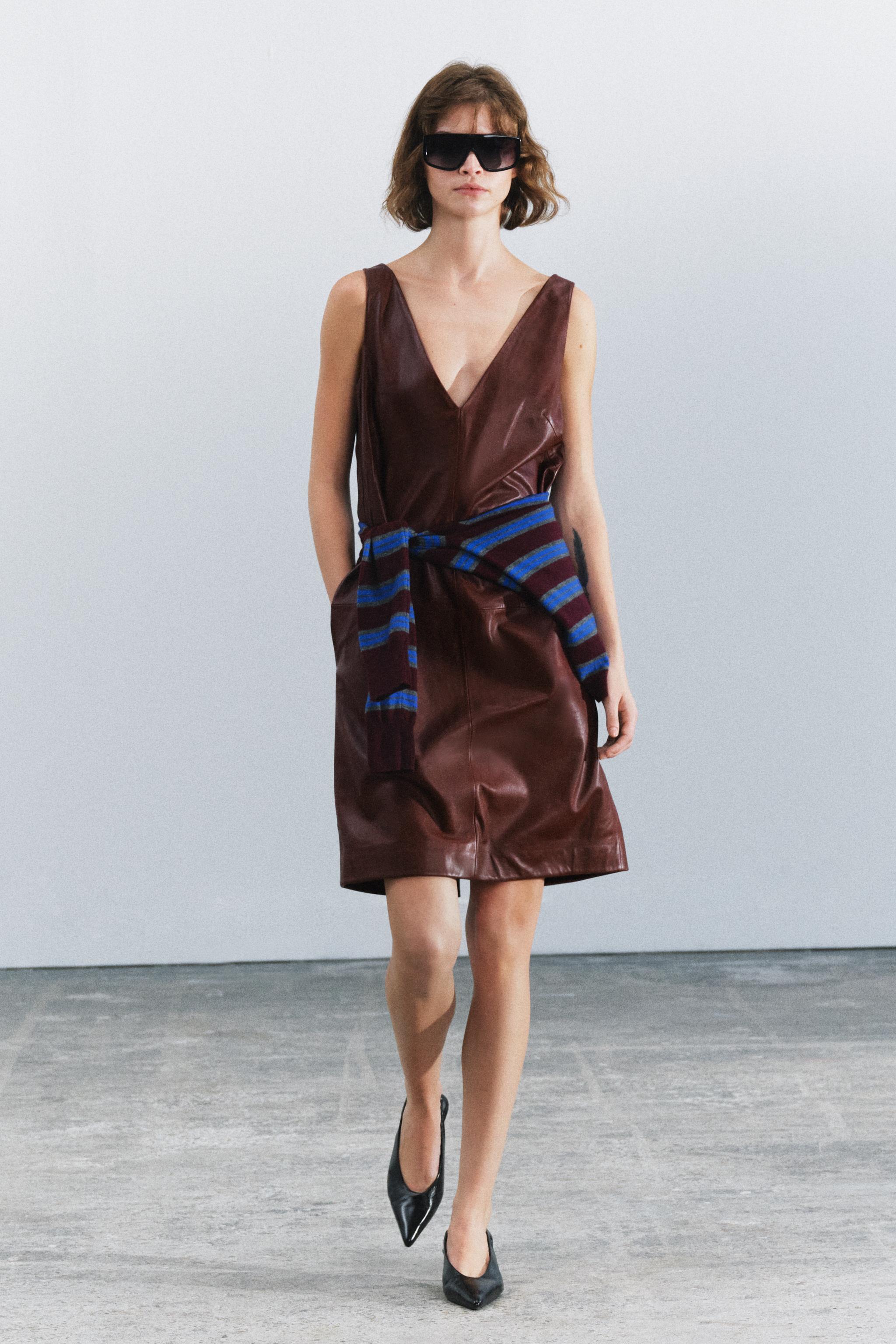 100% Leather Midi Dress Zw Collection by Zara