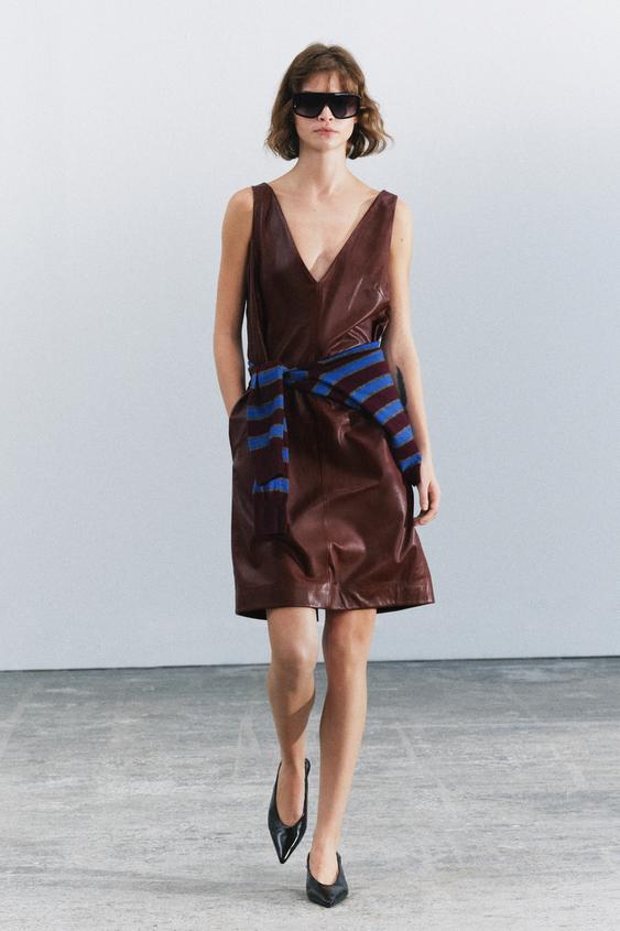 Zara 100% LEATHER MIDI DRESS ZW COLLECTION - Burgundy - Image 0