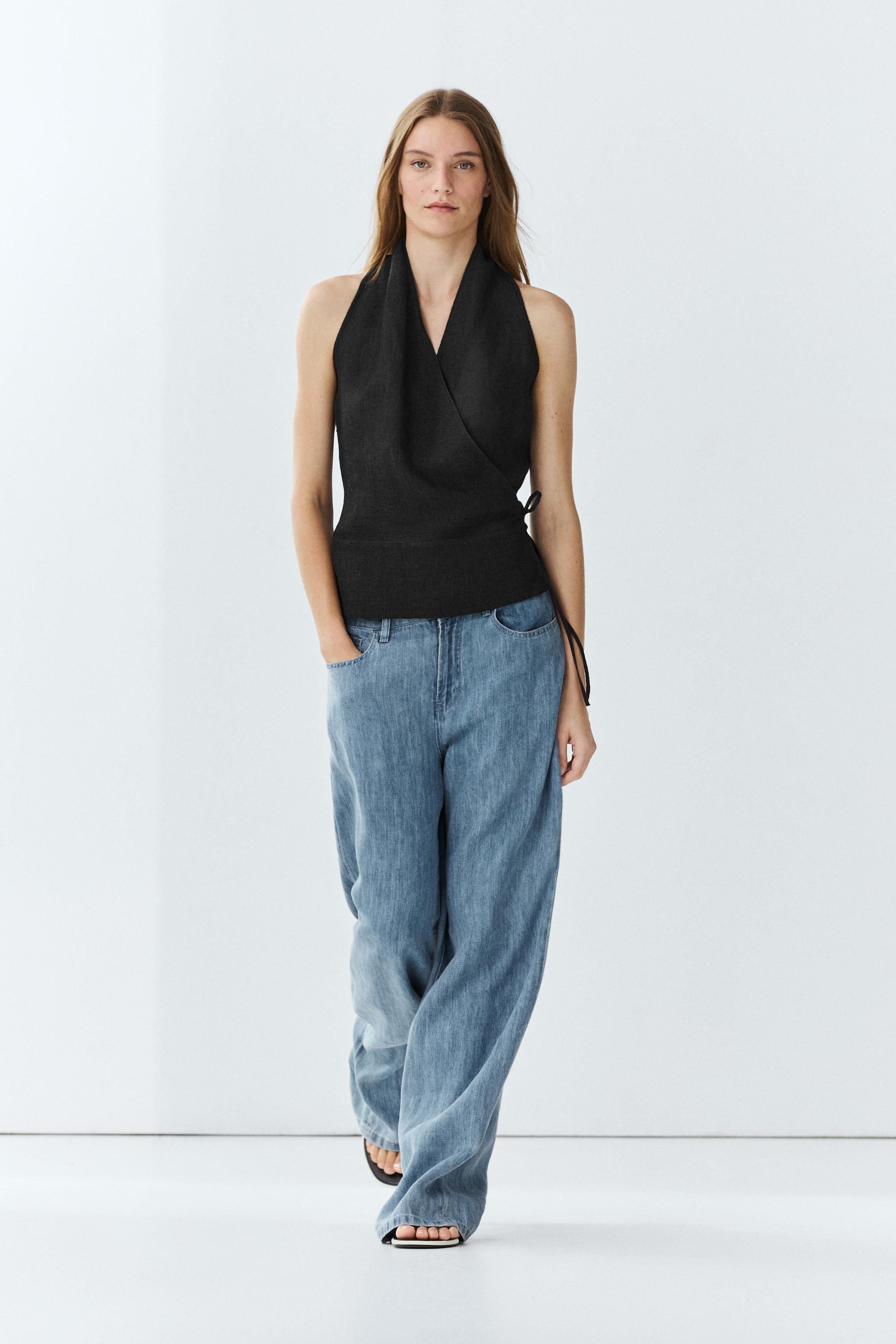100% linen crossover halter top — Pastel blue