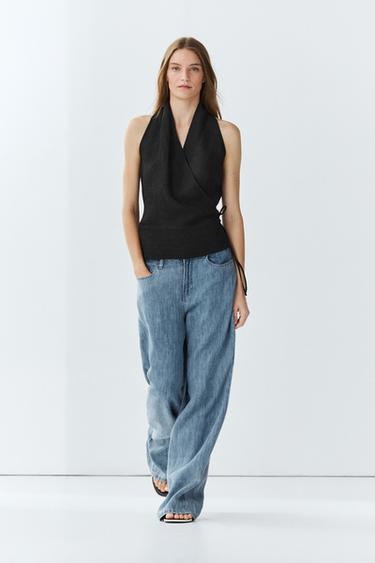 Zara 100% linen crossover halter top - Pastel blue - Image 0