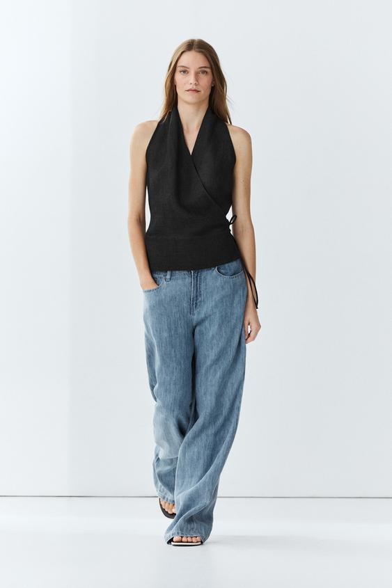 Top croisé encolure américaine 100 % lin - Bleu pastel de Zara - Image 0