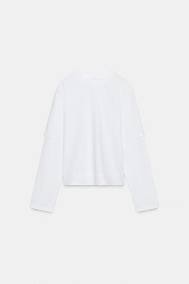 Zara DOUBLE EFFECT LONG SLEEVE T-SHIRT - White