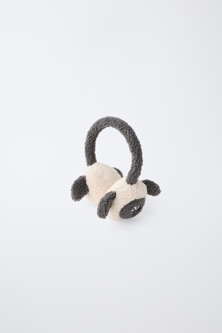 SHEARLING EARMUFFS WITH SHEEP DETAIL — Black / Ecru
