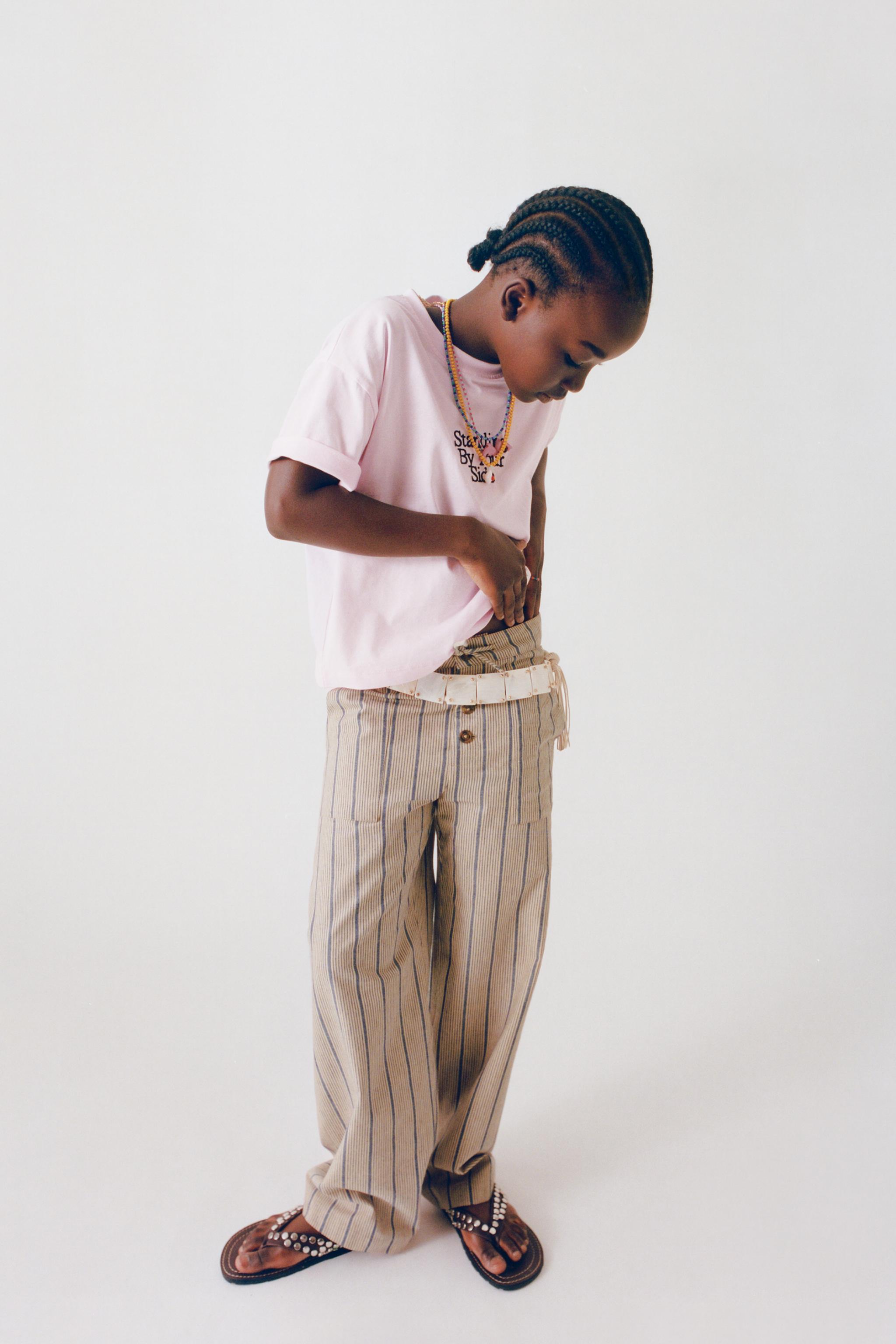 STRIPED LINEN BLEND BALLOON PANTS — Ecru / Blue