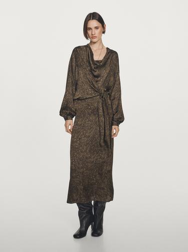 Zara Long flowing printed dress with knot detail - Brown / White