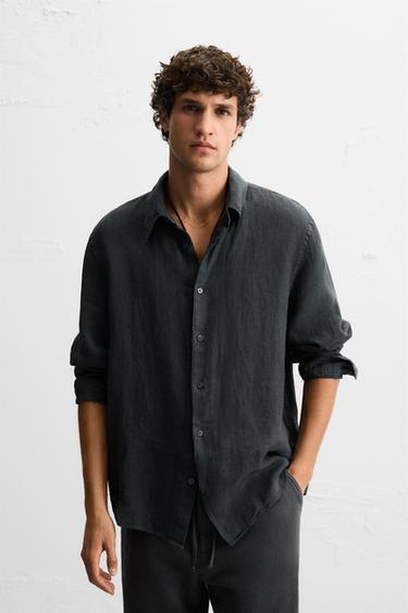 CAMISA 100% LINO - Gris antracita de Zara