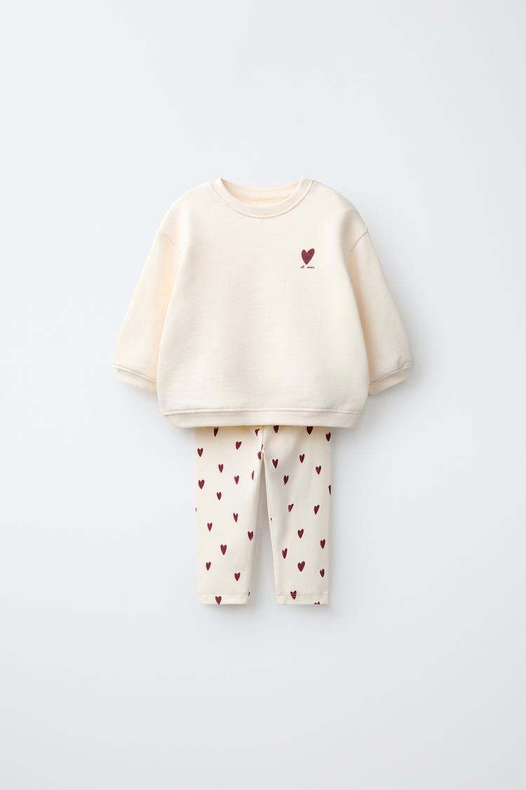 HEART SWEATSHIRT AND LEGGING SET — Light beige