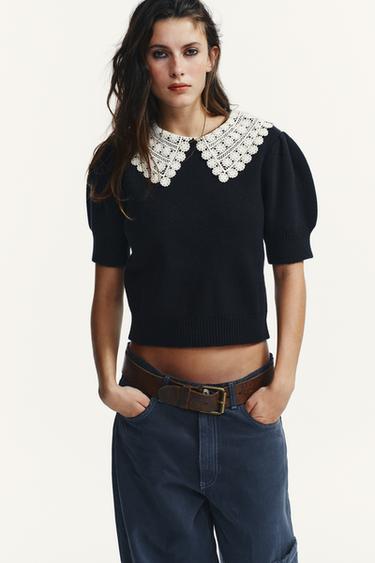Zara CROCHET KNIT SHORT SLEEVE JUMPER - Navy blue