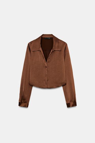 Zara CROPPED SATIN EFFECT SHIRT - Brown