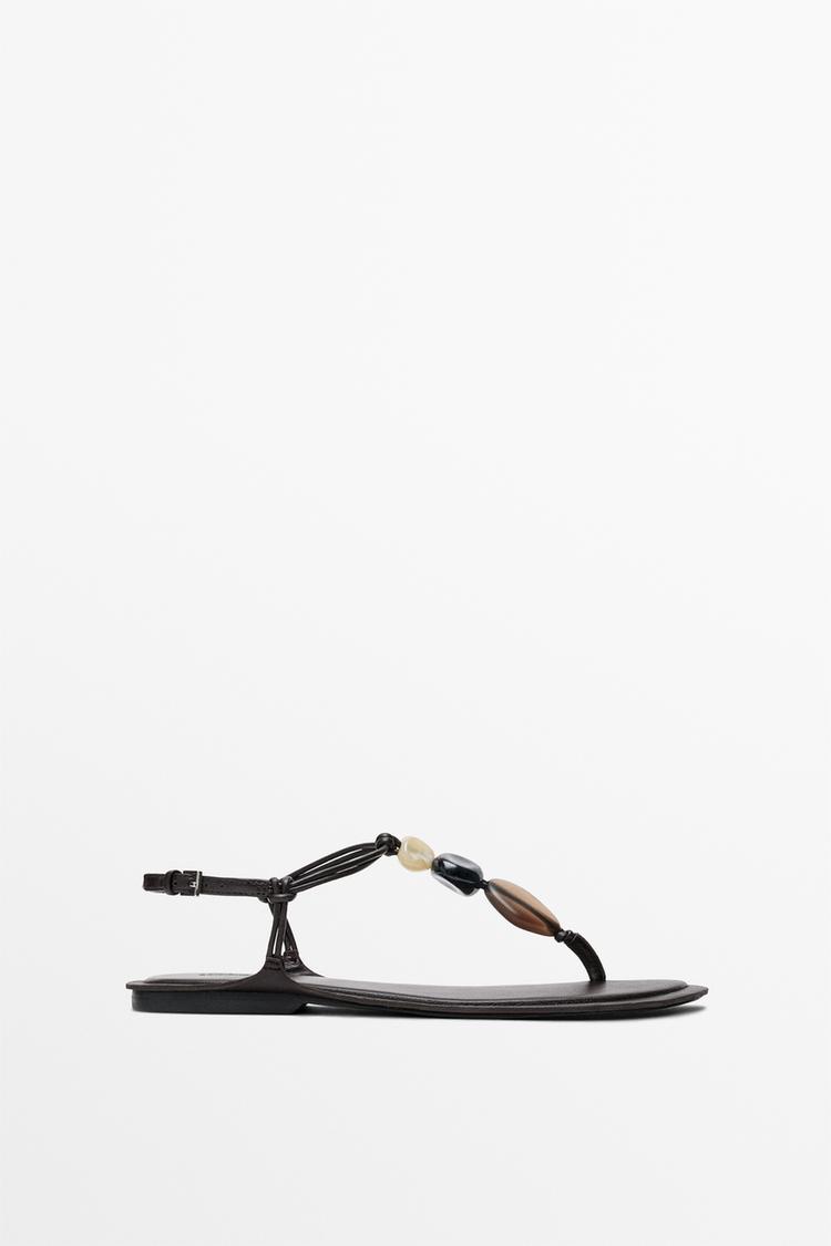 Flat slider sandals with stones — Brown