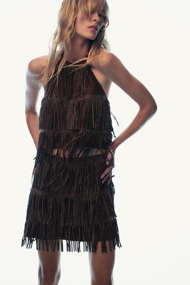 Zara SHIMMERING FAUX SUEDE FRINGE SKIRT - Brown