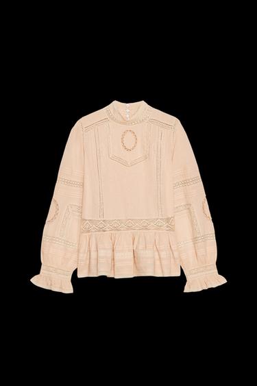 Zara ZW COLLECTION EMBROIDERED ROMANTIC SHIRT - Pale pink