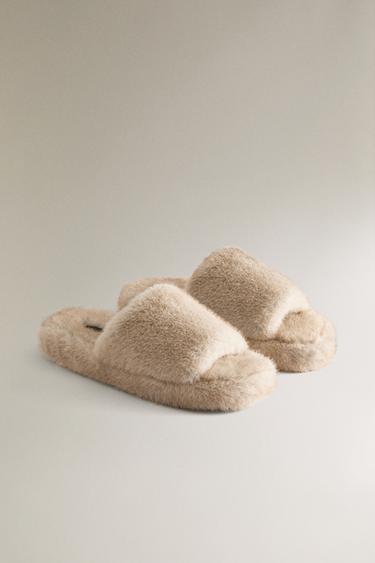 FAUX FUR FLATFORM SLIPPERS - Sand Brown by Zara - Image 1