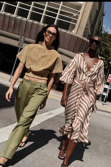 STRIPED MIDI DRESS WITH BELT - Ecru / Maroon by Zara