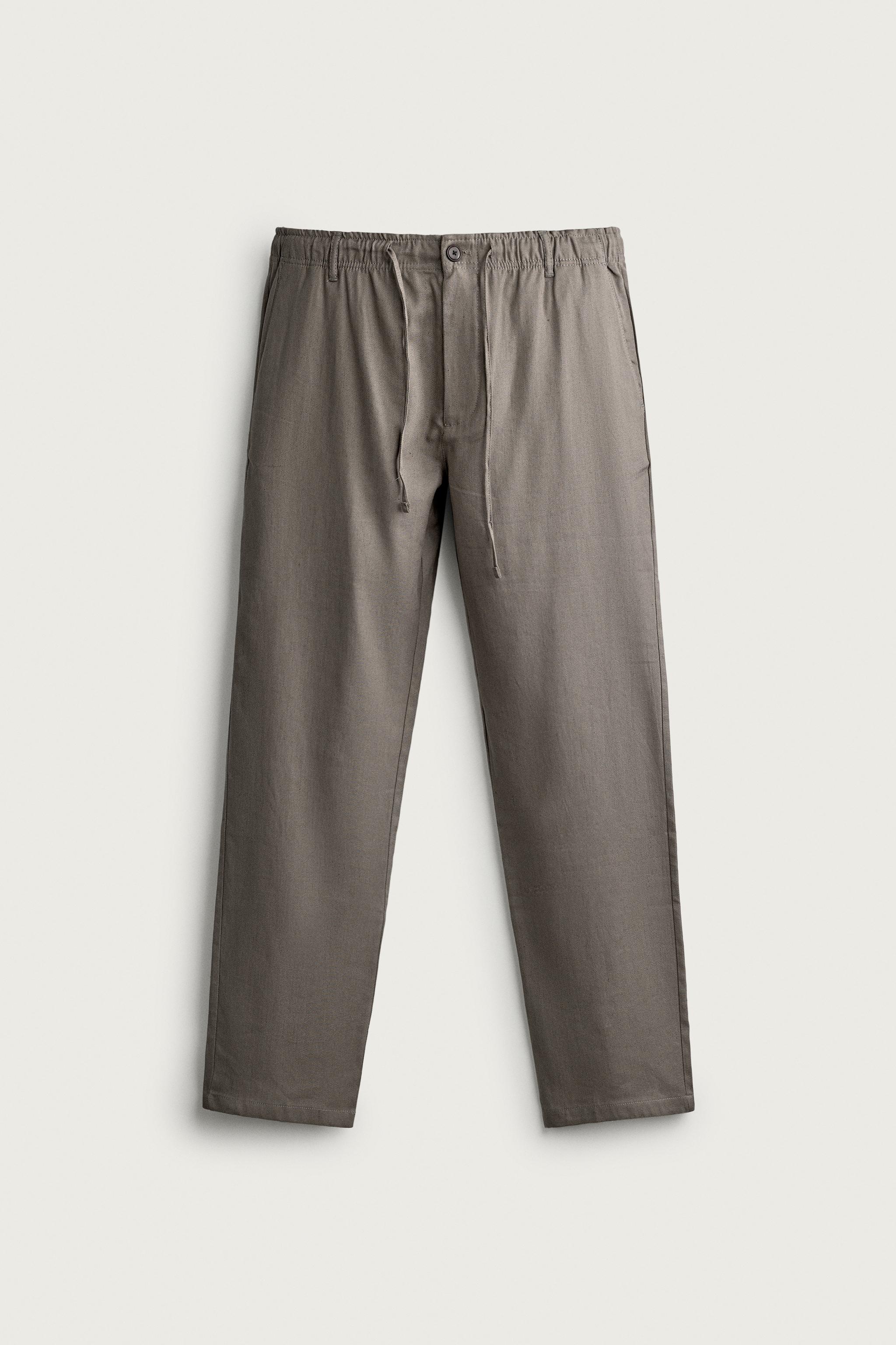 COTTON/LINEN RELAXED FIT TROUSERS — Brown / Taupe