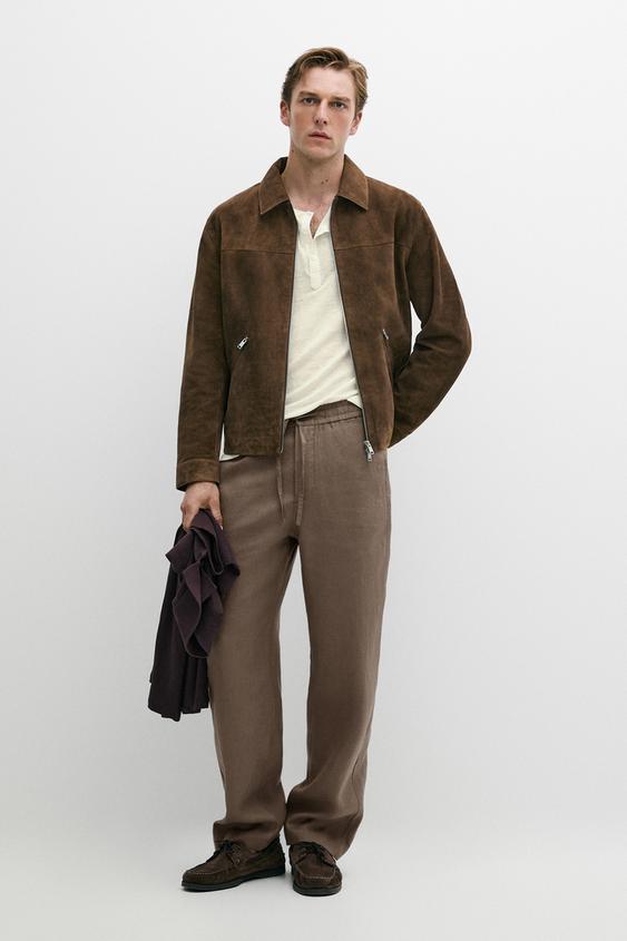 Veste à fermeture Éclair en cuir effet daim - Marron chiné de Zara - Image 0