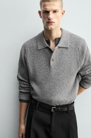 BOUCLÉ TEXTURED KNIT POLO SHIRT - Grey by Zara - Image 4
