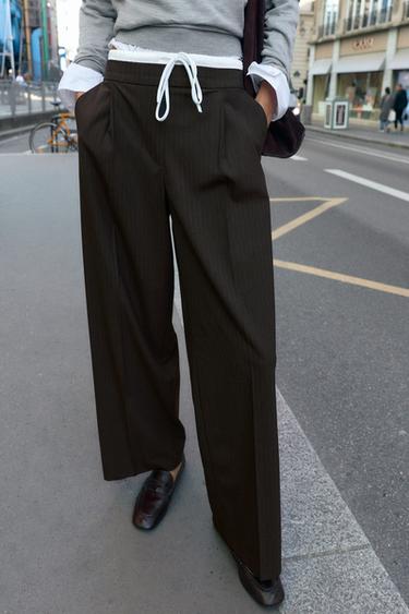 PANTALON LARGE À DOUBLE TAILLE - Brown Stripes de Zara - Image 1