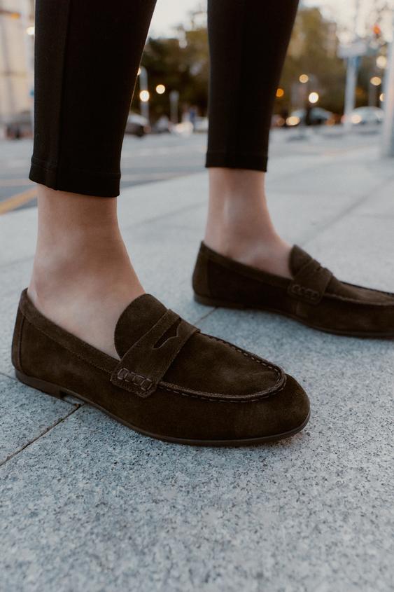 TOPSTITCHED SPLIT LEATHER LOAFERS
