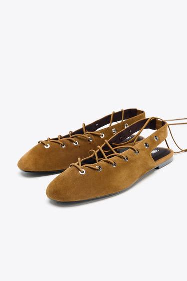 SPLIT SUEDE TIE SLINGBACK SHOES - Dark tan by Zara - Image 3