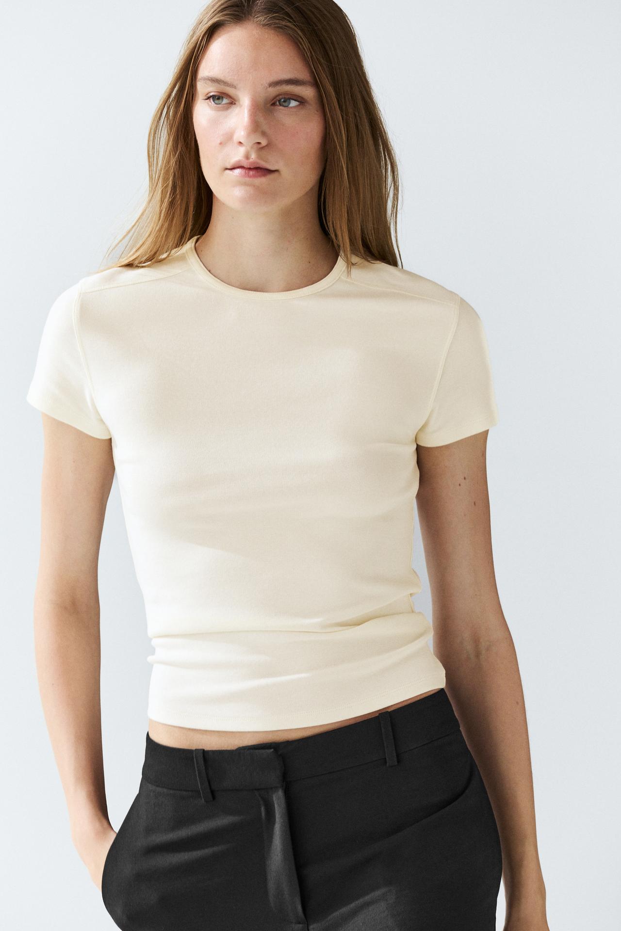 Short sleeve cotton blend T-shirt — Ecru