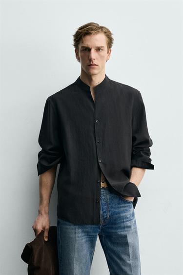Zara FLOWY BAND COLLAR SHIRT - Black